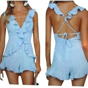 Day + Moon Romper With Open Back Blue Striped Ruffle Tie Detail Size S